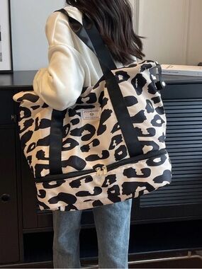 Leopard Print Canvas Tote Bag with Zip Pocket - Black & Cream